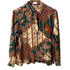 Alfred Dunner 14P Blouse Vintage Scarf Print Paisley Equestrian Smocked Hem
